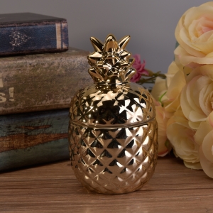 Pot de bougie en céramique d'ananas fait main en or populaire avec couvercles en or