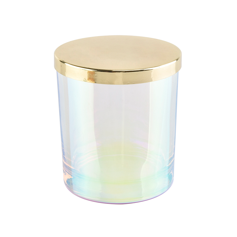 Tarro de vela de vidrio iridiscente de 6 oz con tapas doradas
