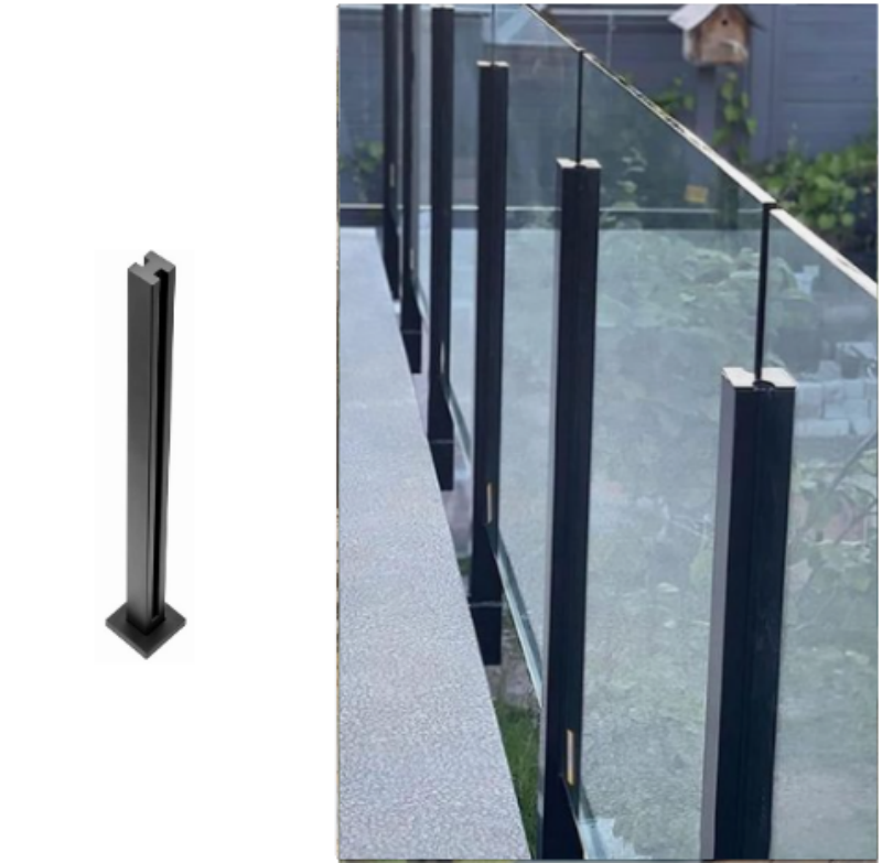 Musta ruostumattomasta teräksestä valmistettu uritettu lasinen kaiteenpylväs pyöreänä tai neliömäisenä lasikaiteeseen