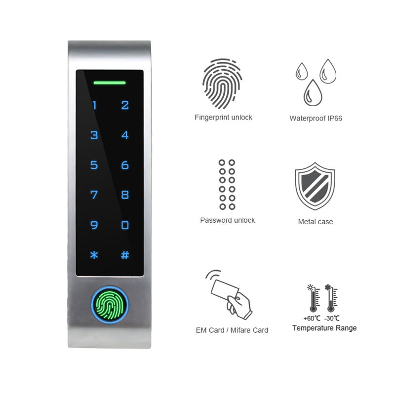 Chave de toque de metal controlador de acesso autônomo por impressão digital IP66 à prova d'água RFID teclado de controle de acesso fechadura de porta sem chave