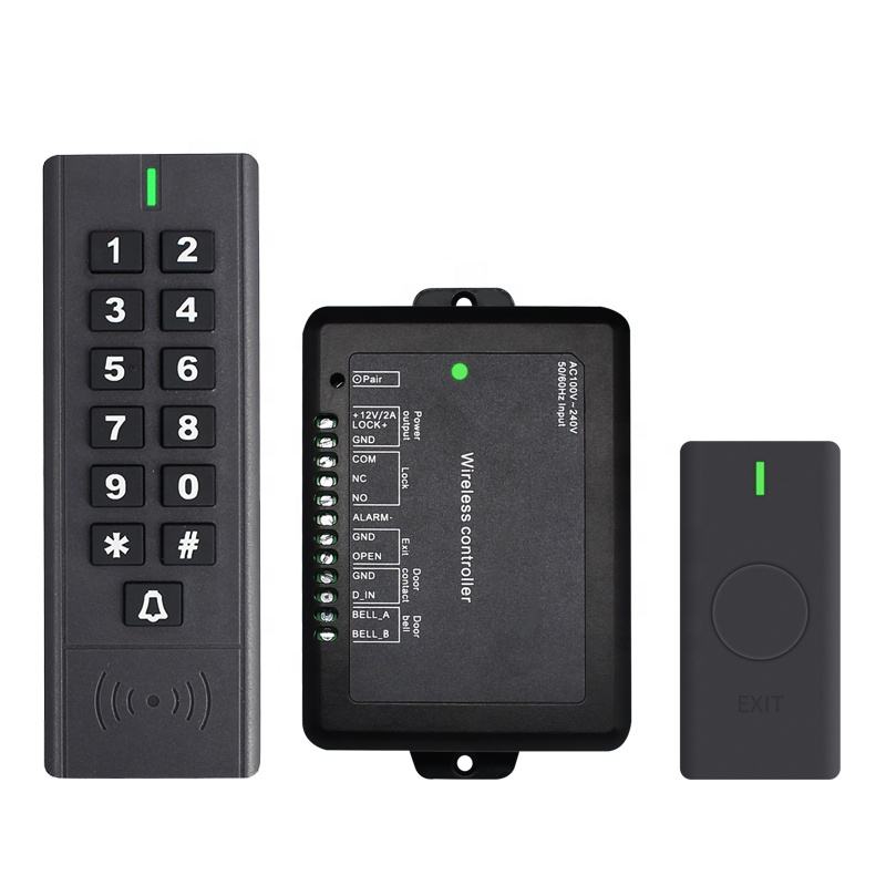 Kit di accesso wireless Controllo accessi per porta singola comprendente una tastiera wirelessun alimentatoreun pulsante di uscita wireless