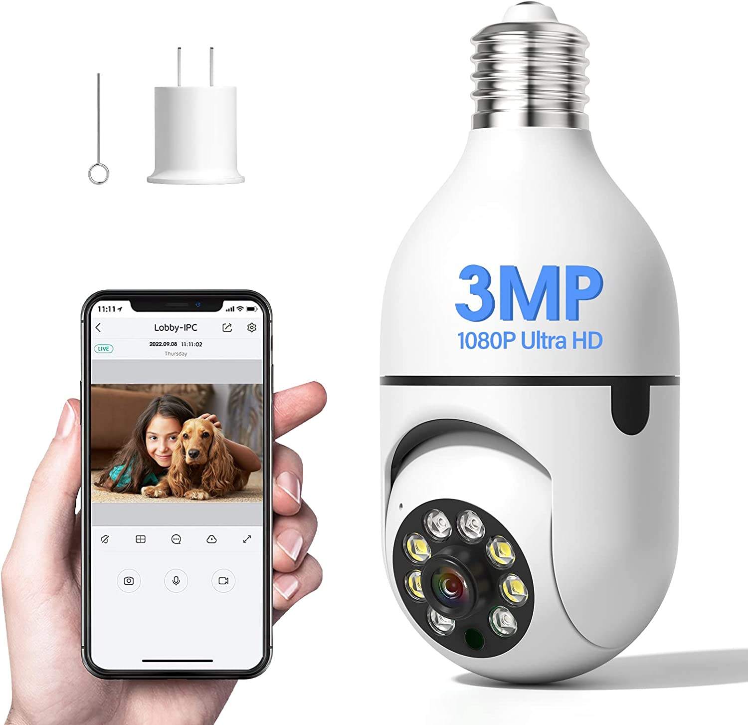 Cámara de seguridad con bombilla de 3MP, conexión inalámbrica de 2,4 GHz, WiFi, cámara de vigilancia interior de 1080p, cámara de seguridad con bombilla