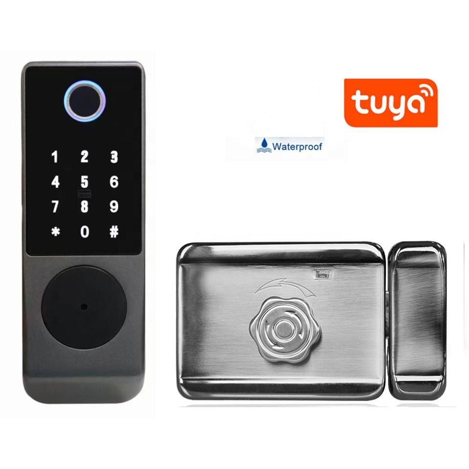 Tuya, puertas de aluminio impermeables para exteriores, acceso por aplicación de seguridad, cerradura inteligente sin llave con huella digital para puerta