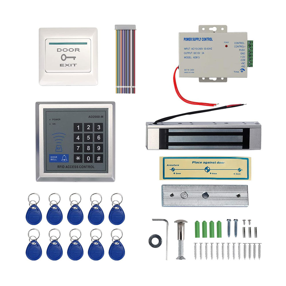 Kit de système de contrôle d'accès par carte RFID, avec alimentation électrique à verrouillage magnétique électrique de 180kg, 350lb, 10 porte-clés, bouton de sortie