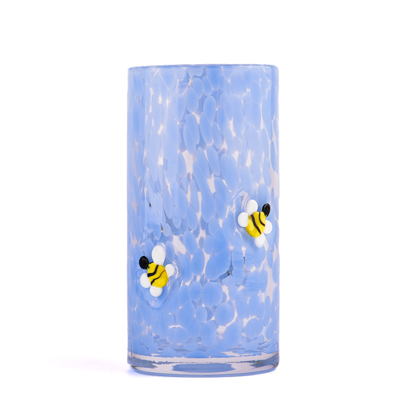 Hot sale 16oz blue glass candle vessels with bee pattern candle jars