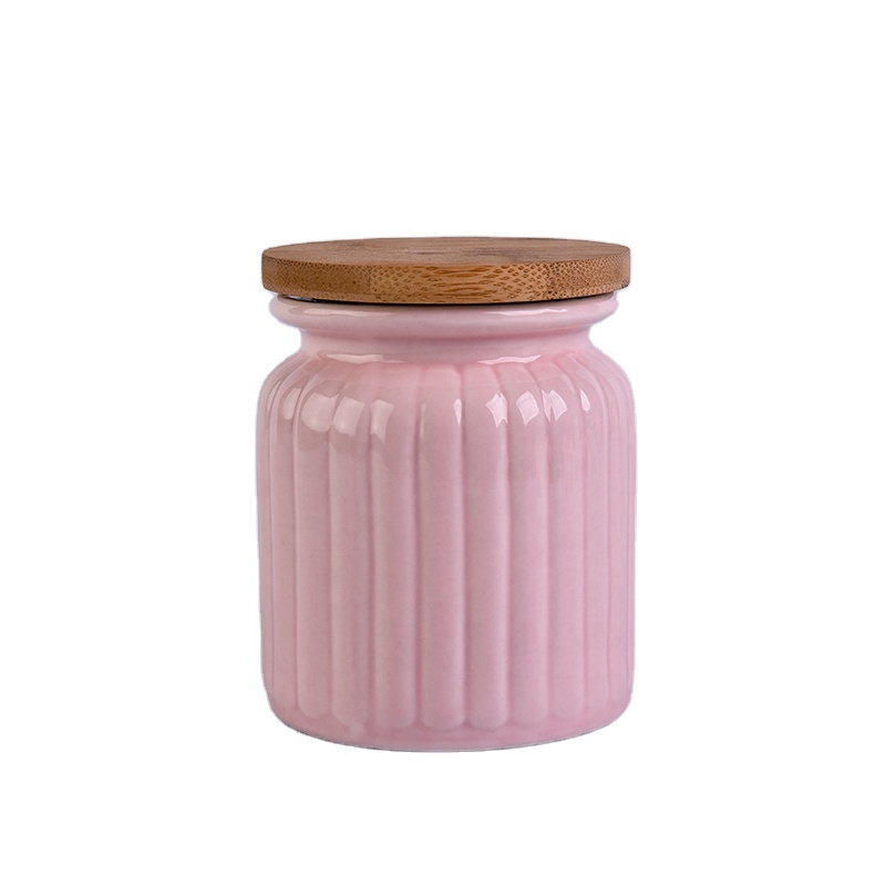 Pink empty ceramic candle jar with wooden lid