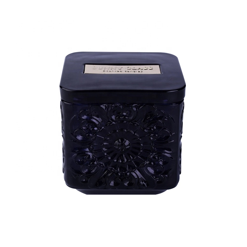Wholesales square black crystal glass candle jar with lid