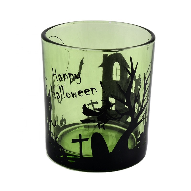translucent glass candle containers with horrible Hallow picture
