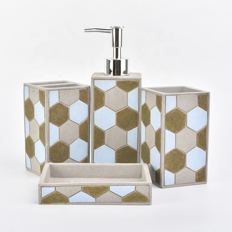 4ps Custom hexagon concrete bathroom set soap dish toothbrush holder hotel decor
