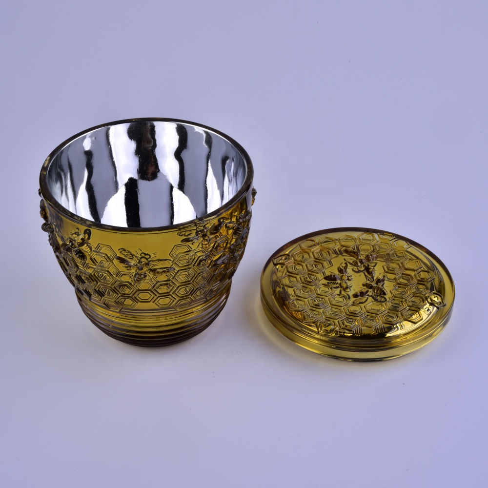 Wholesales bee design gold laser glass candle holder with lid