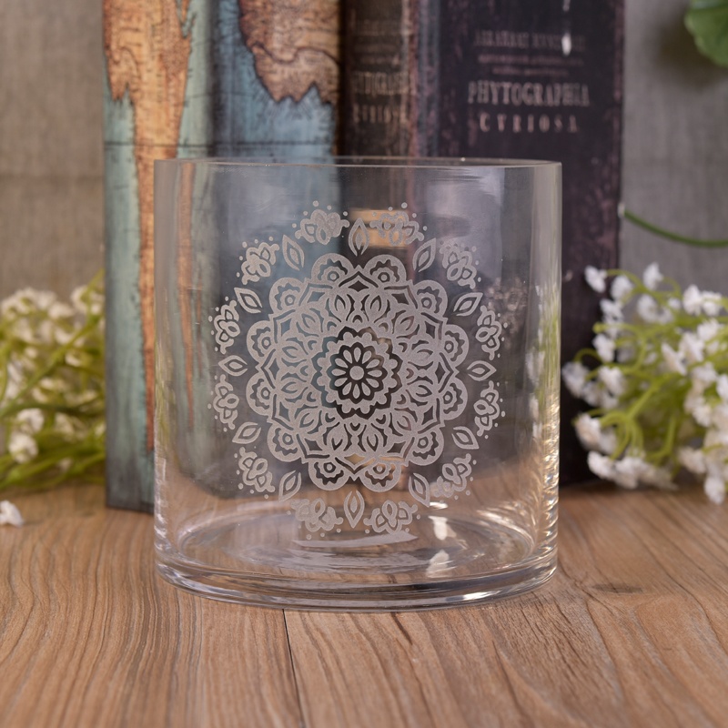 Custom engraved flower clear luxury glass candle containers with lid