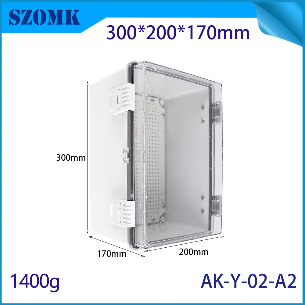 AK-Y-02A2 Caja de tapa transparente de pestillo a bisagras Gabinete al aire libre IP67 ABS PC Caja de caja electrónica 300x200x170 mm
