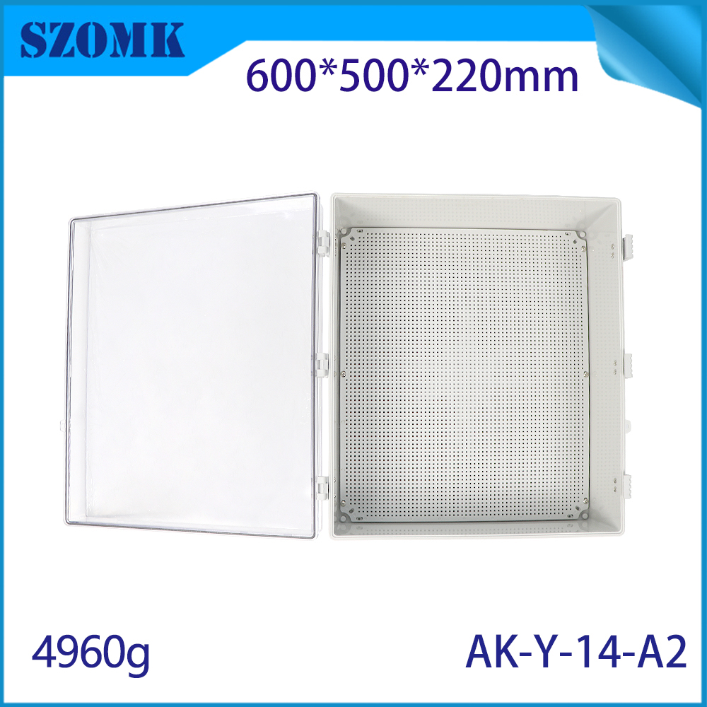 AK-Y-14A2 아울렛 케이블 관리 벽 방수 IP67 폴리 카보네이트 투명 플라스틱 힌지 전기 박스 커버 600x500x220mm