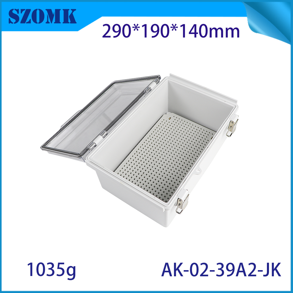 AK-02-39A2-JK Clear Cover roestvrijstalen latch junction box Elektrische doos Plastic IP67 Waterdichte doos 290x190x140 mm