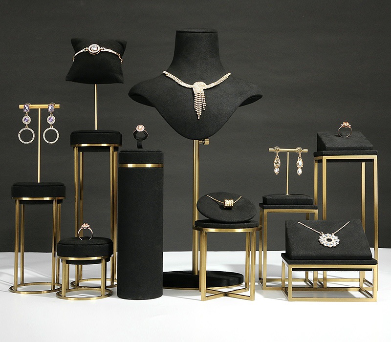Soportes de marco de metal, accesorios de exhibición de joyería de microfibra, escaparate de marcas lujosas