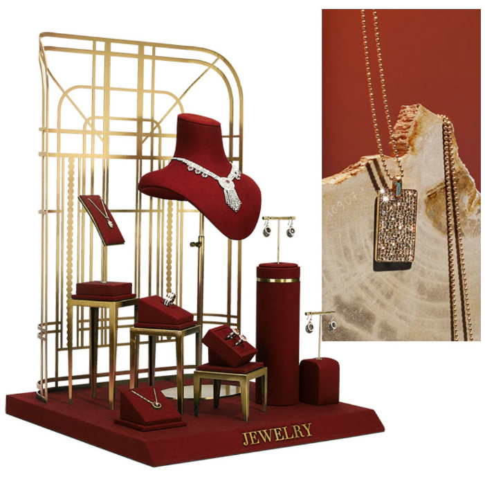 Juego de exhibición de joyas con ventana, accesorios de exhibición de metal, soportes de joyería, anillo de exhibición, pendientes, busto colgante