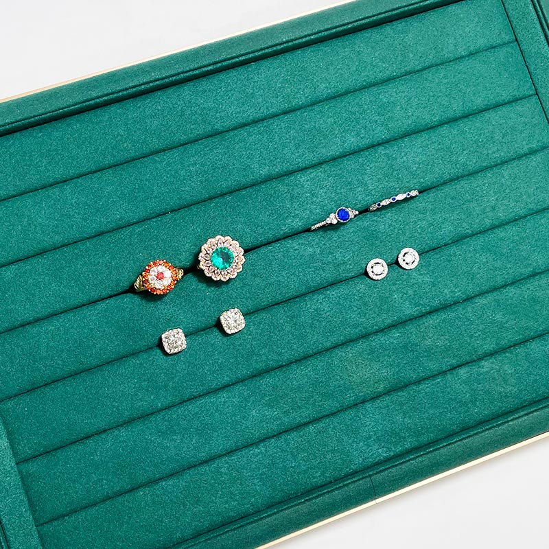 Slot per anello in microfibra con struttura in metallo serise verde display personalizzato con qualsiasi colore e logo