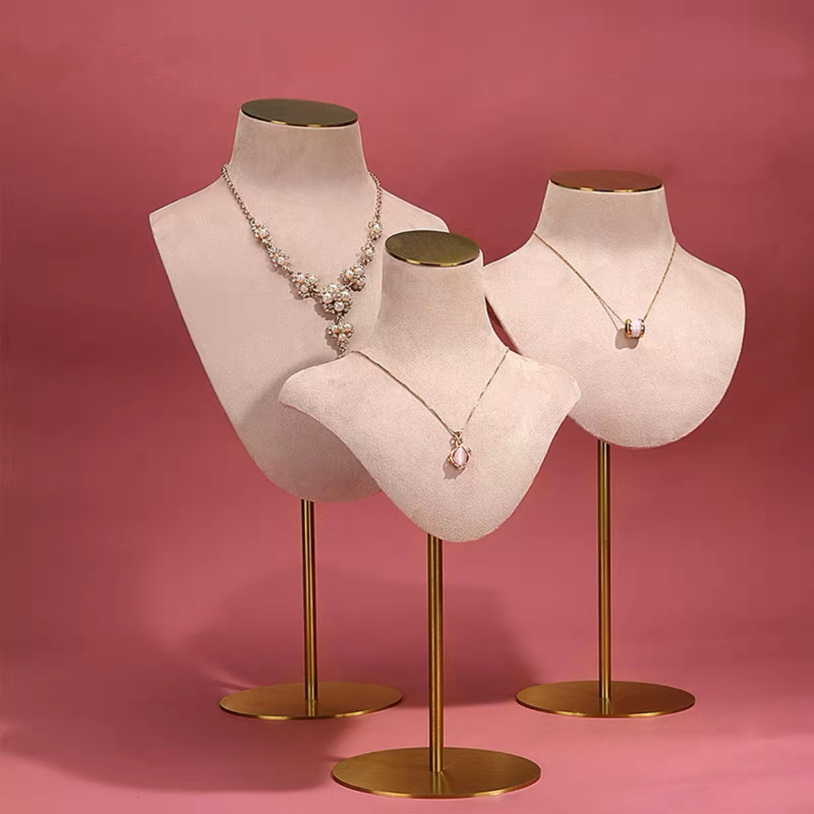 Suporte de busto de resina de microfibra rosa, suporte de metal, adereços de exibição de colar, janela de loja de joias