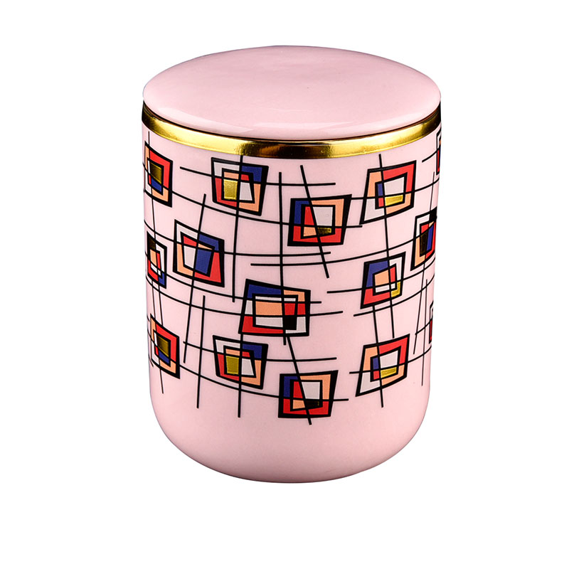 带盖陶瓷烛台批发粉色多彩色块图案用于蜡烛制作
