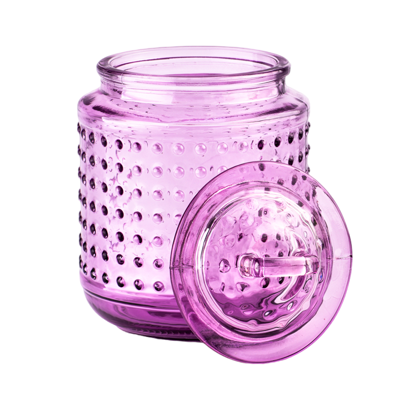 Luxuriöses, leeres Kerzenglas aus violettem Punktglas mit Deckel für die Inneneinrichtung