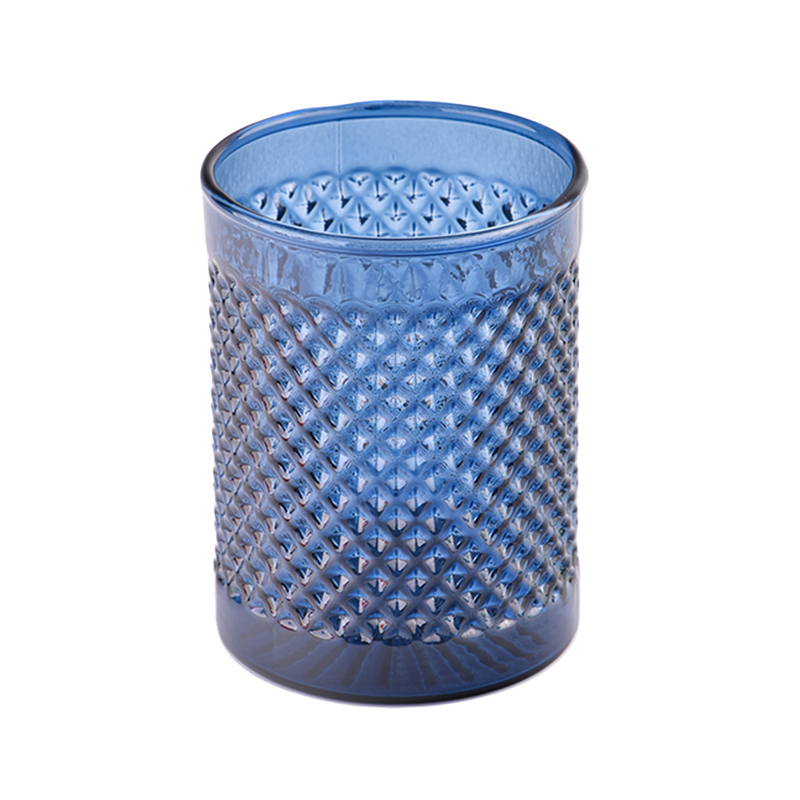 Custom na recessed grain pattern blue glass candle jar para sa paggawa ng kandila