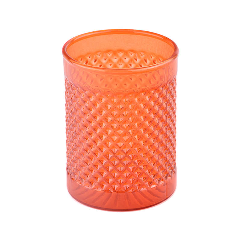 Luxuriöse Kerzengläser aus orangefarbenem Glas mit versenktem Kornmuster 