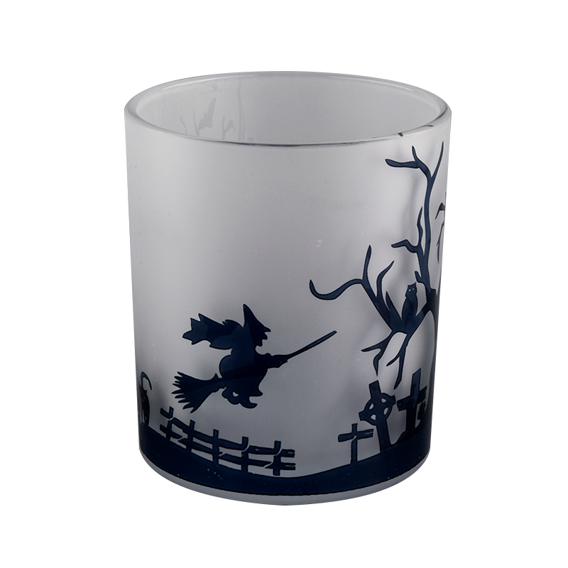 Engros stearinlysglas i frostet hvidt glas med sort halloween-design