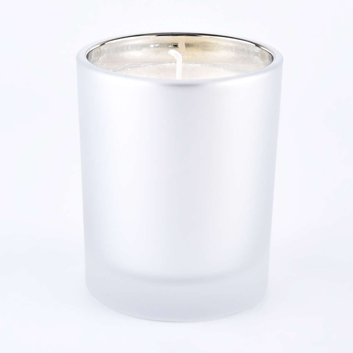frosted white glass candle jar with metallic silver inside 8 oz