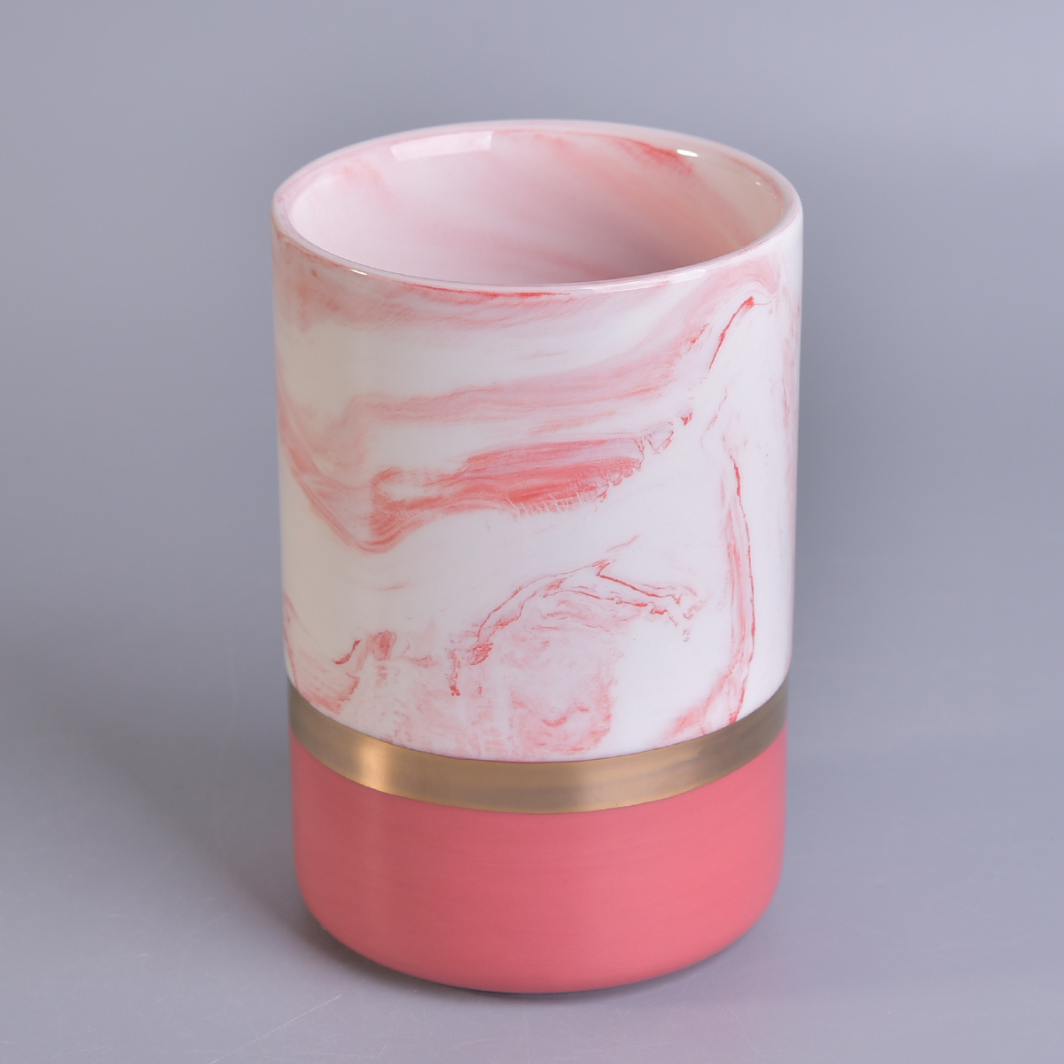 marbling cylinder ceramic candle holder, ceramic candle container with gold decal