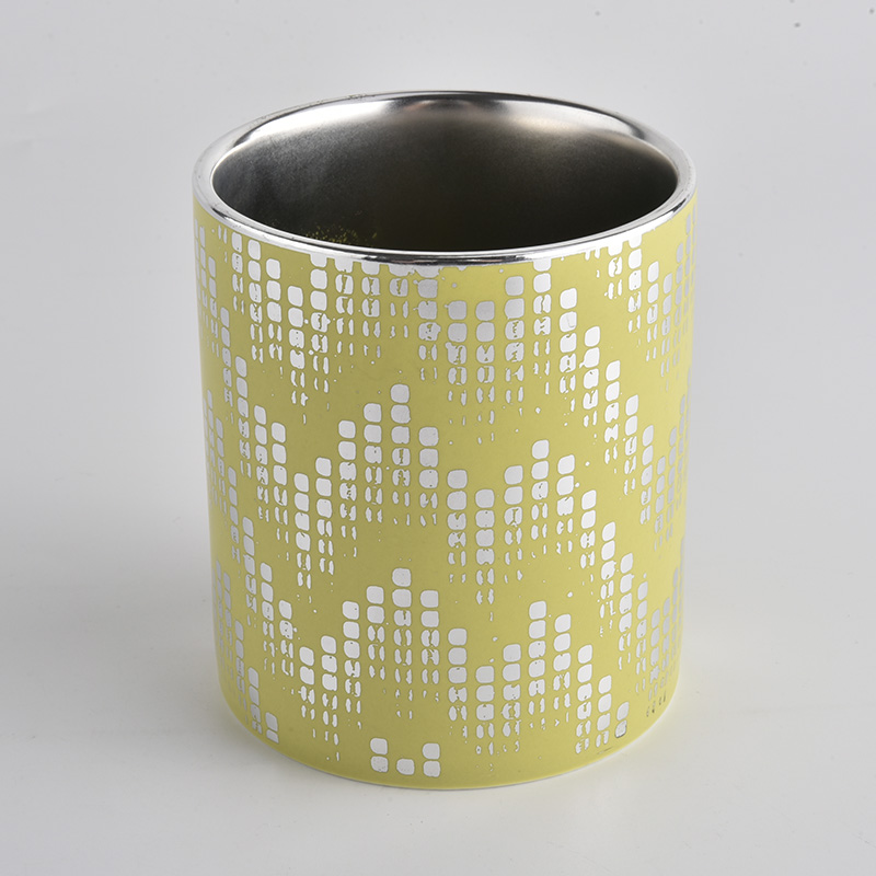 yellow ceramic candle container with silver patterns, customized ceramic candle holders