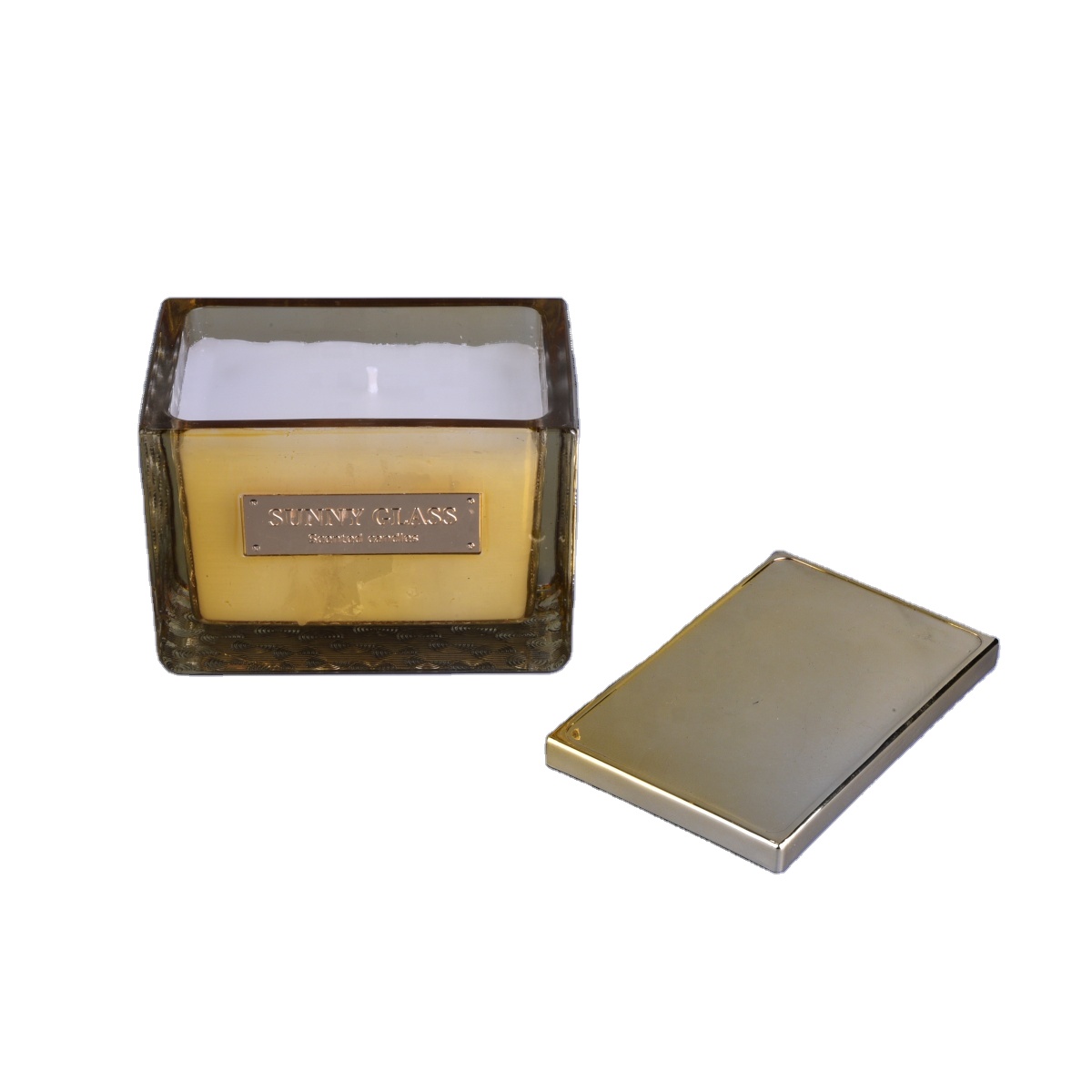 Sunny Glassware Luxury square gold glass candle jar with golden lid