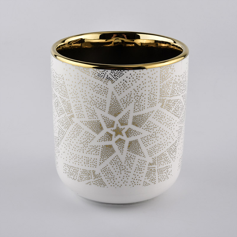 electroplated ceramic candle holder, white ceramic candle jar with shiny gold pattern