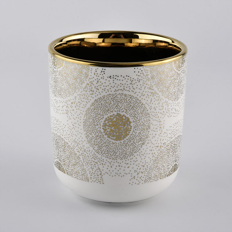 ceramic candle holder with shiny gold pattern, gold inside ceramic candle jar