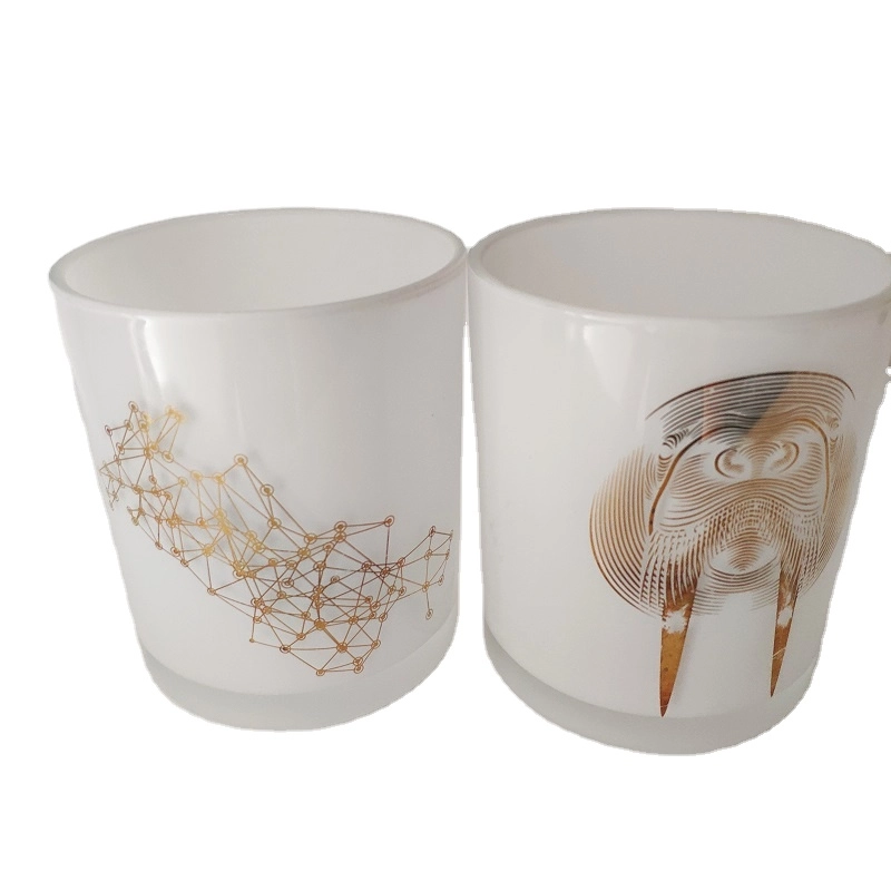 China white glass candle vessels with gold decal, 12 oz cylinder candle containers manufacturer