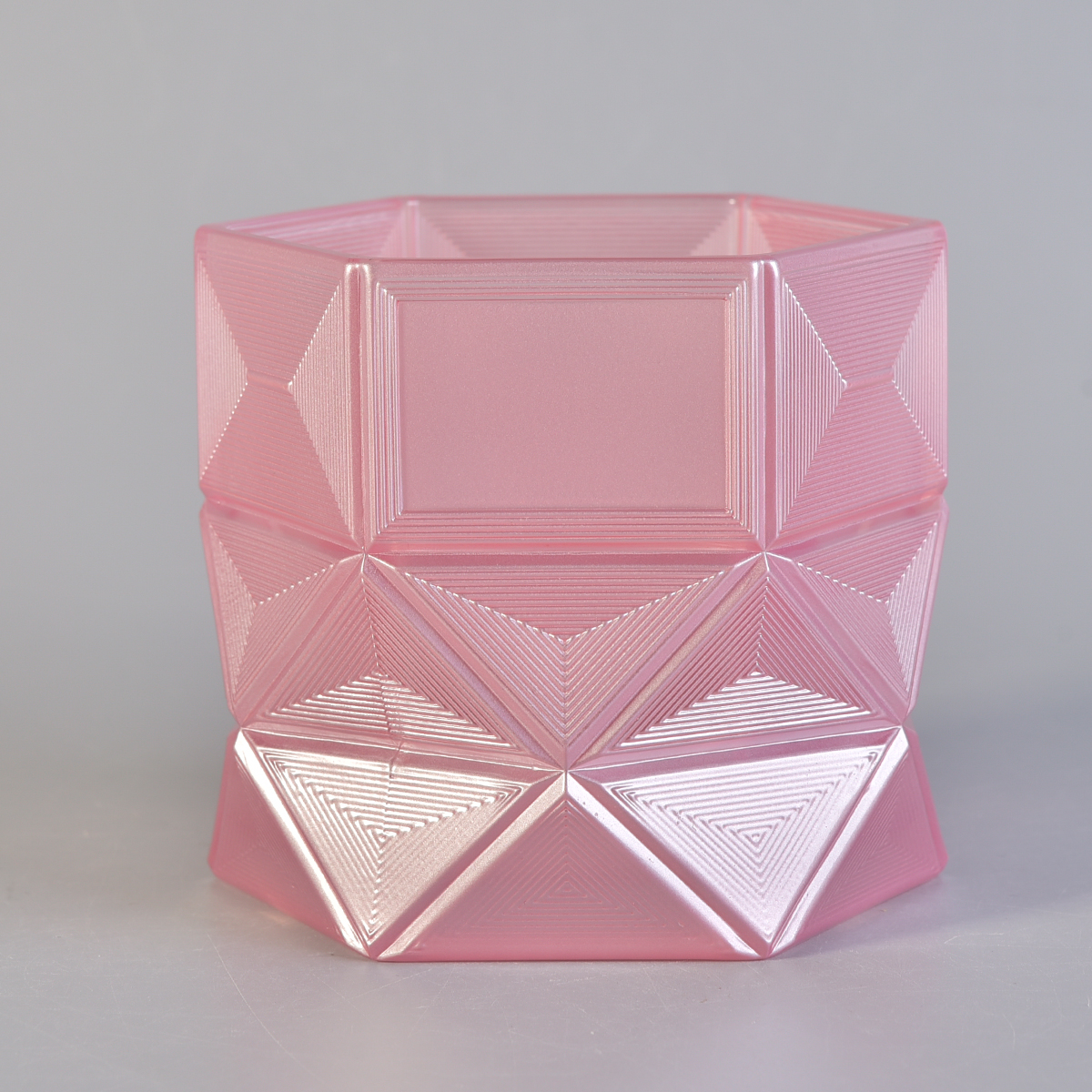 hexagon shaped glass candle holder, pink glass vessel for candle making