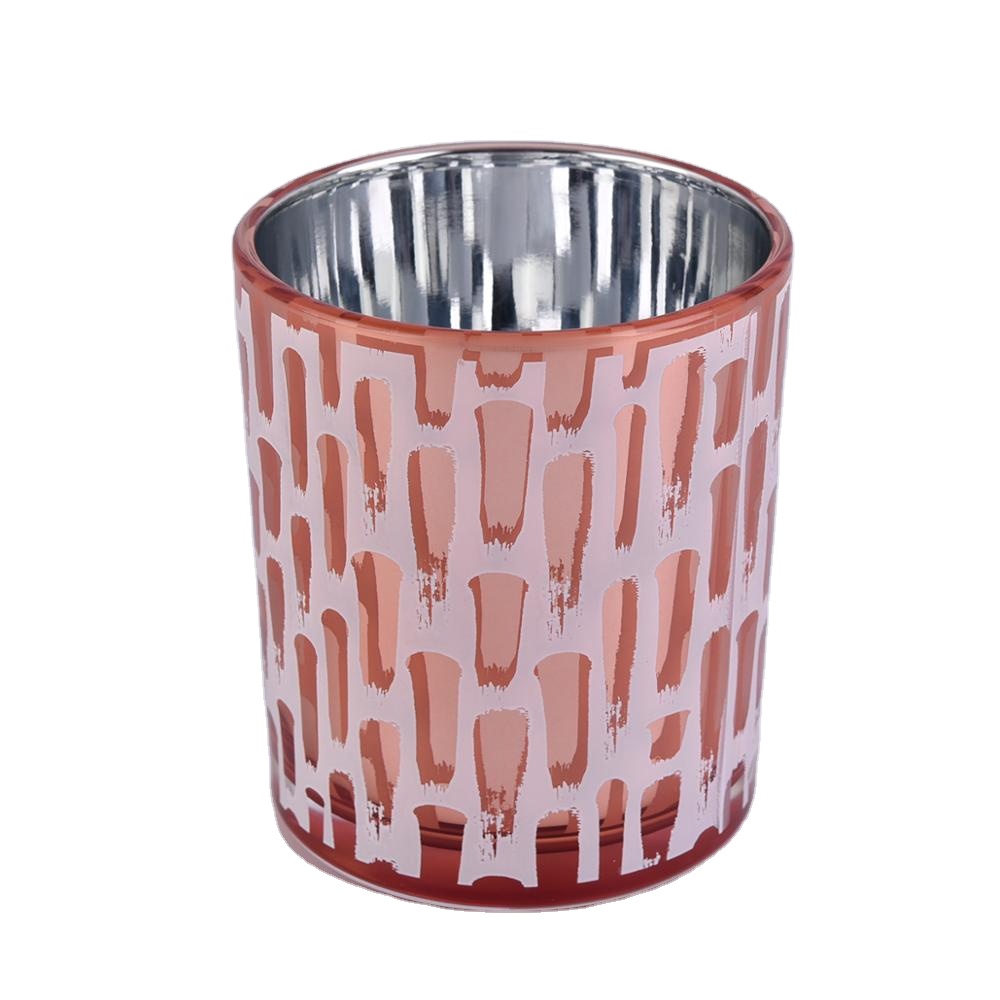 Rose gold electroplated glass vessels for candles, glass candle jar with screen prints wholesale