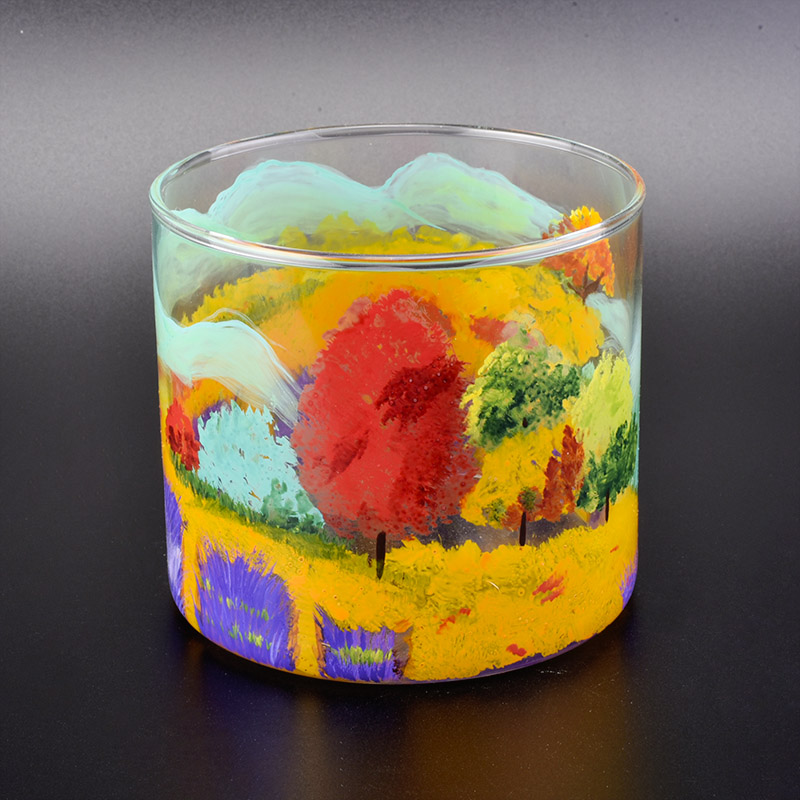 Cylinder glass vessel with colorful painting, fancy glass candle container