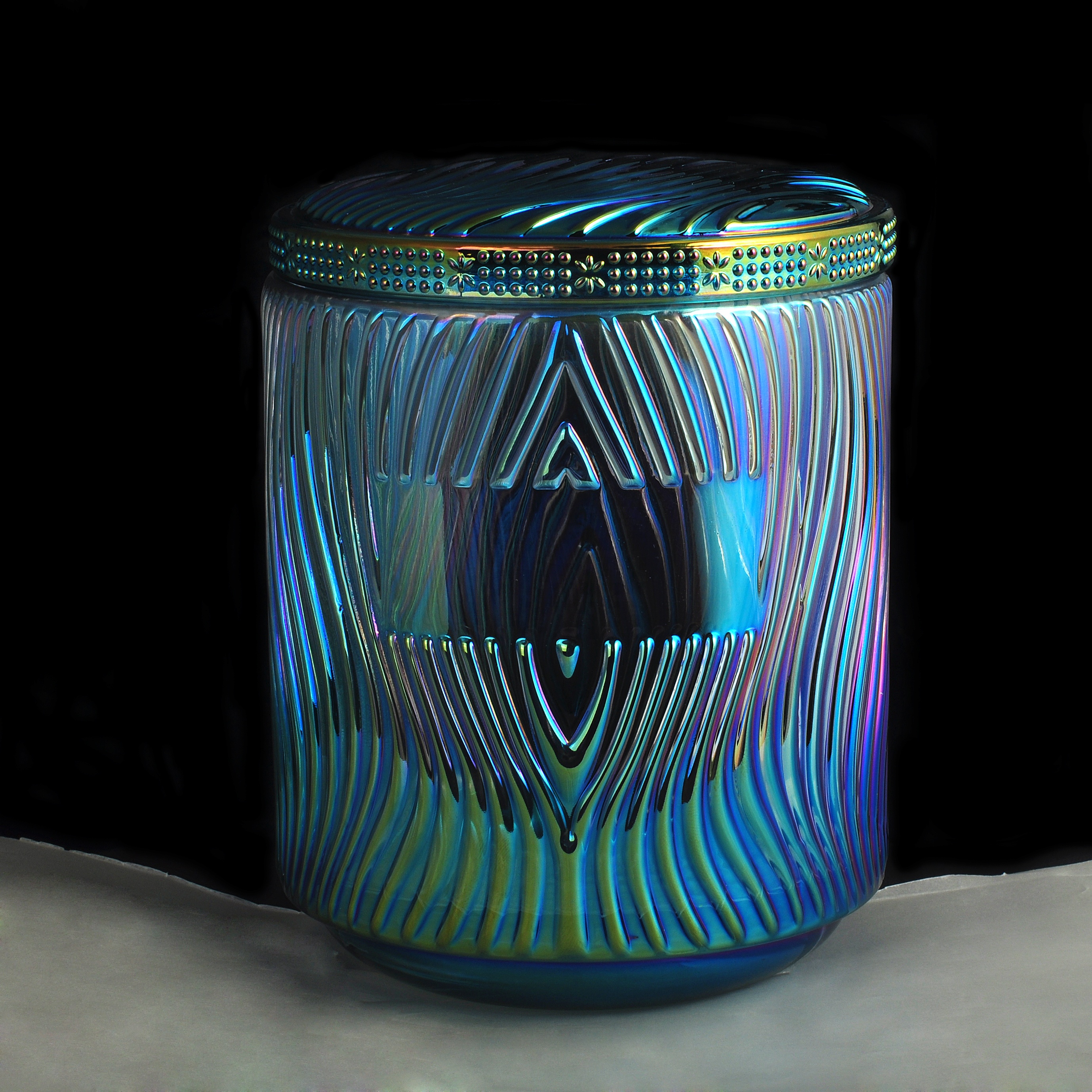 iridescent glass candle jar with glass lid, unique colorful glass candle vessel
