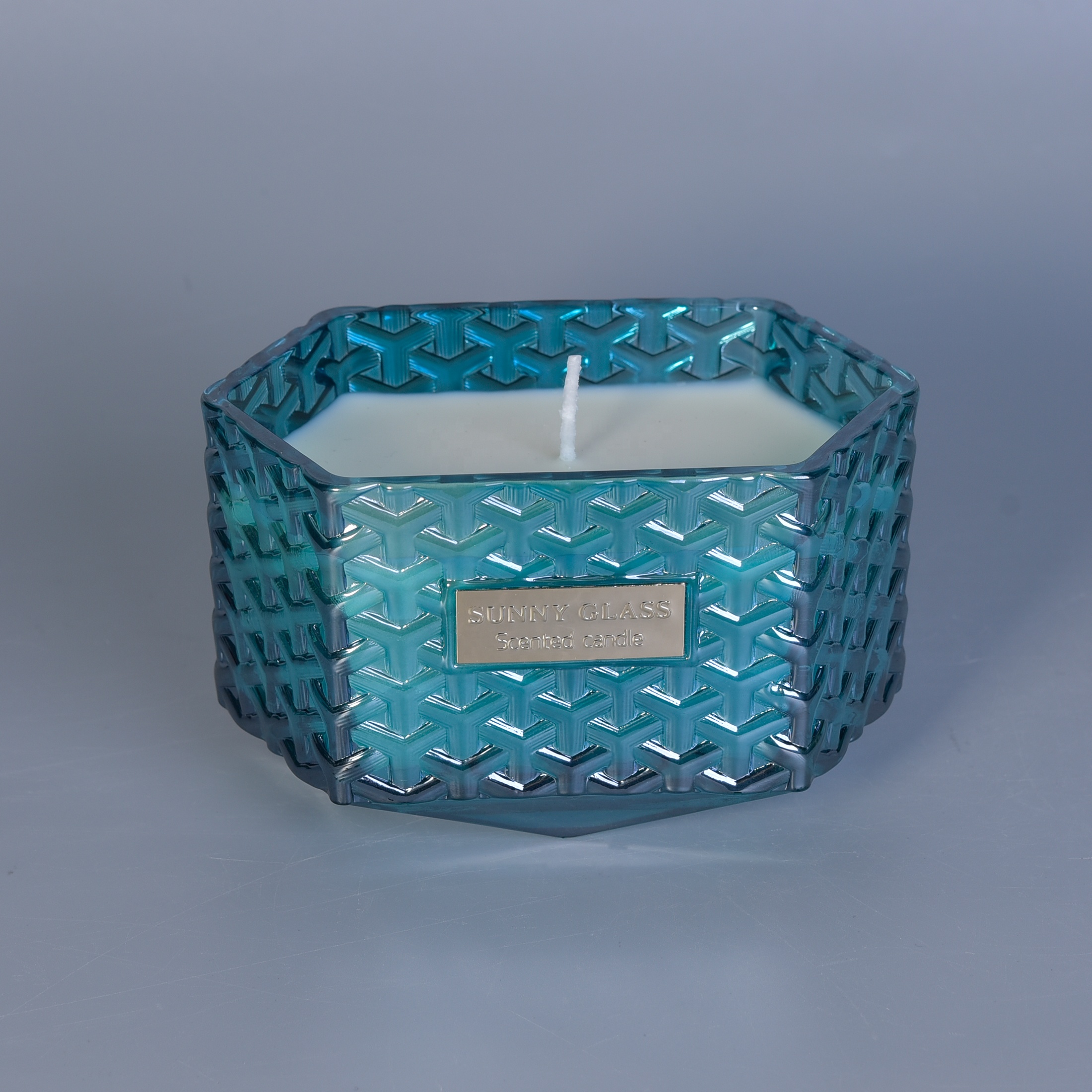 Wholesales Hexagon Glass tealight candle vessel with wood lids