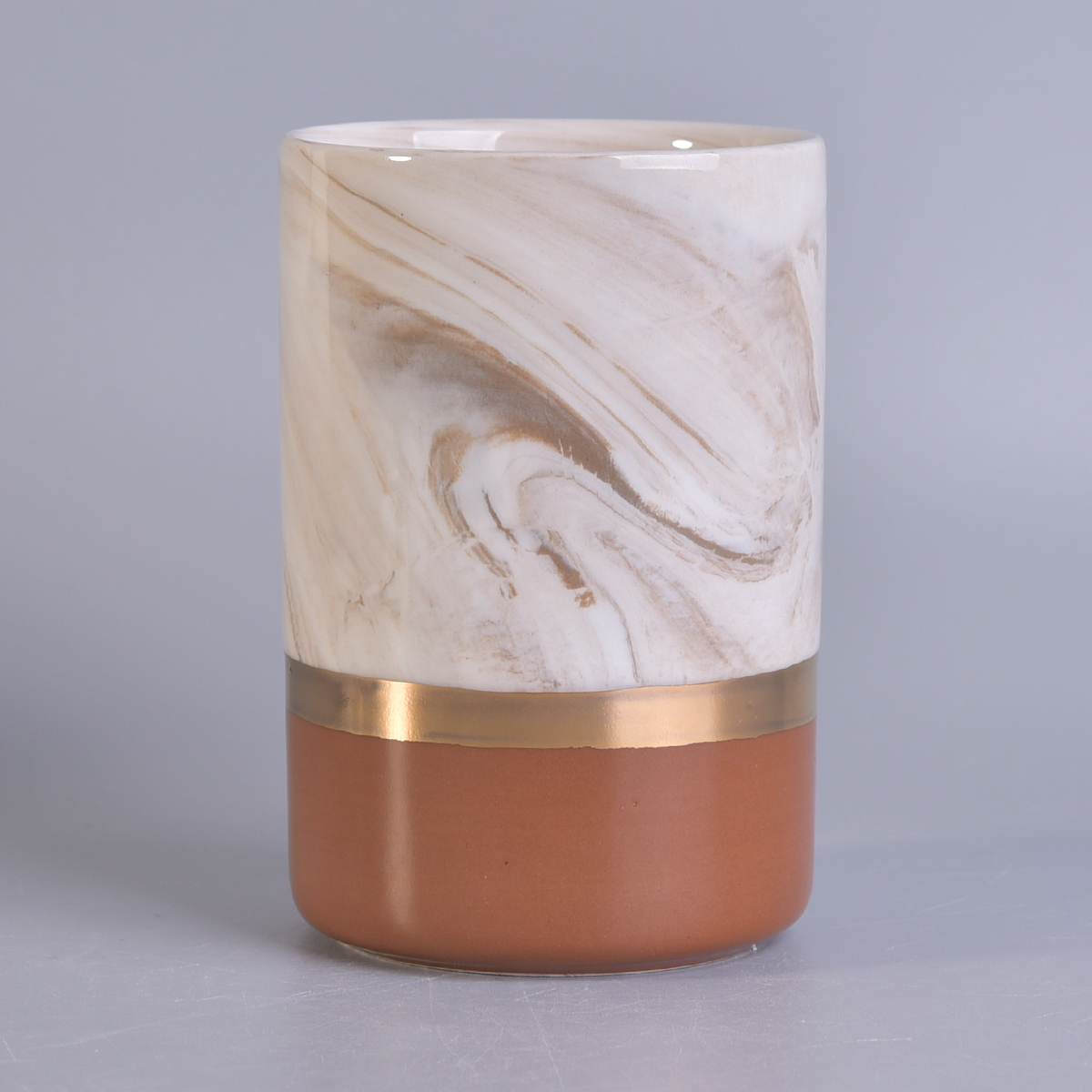 brown marbling ceramic candle jar, ceramic candle holder with gold ring