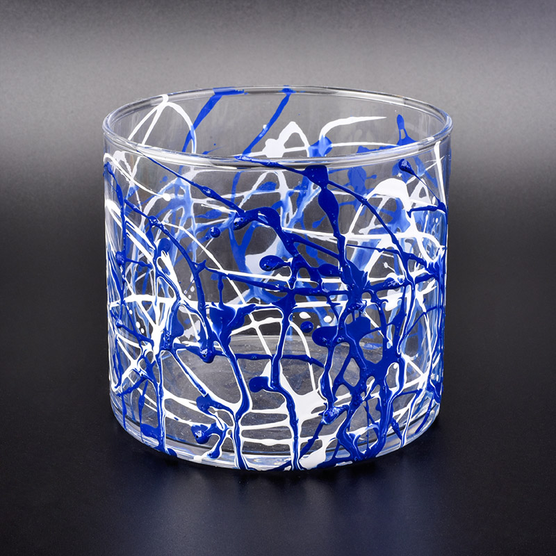 glass vessel with random lines painting, decorative cylinder glass candle jars