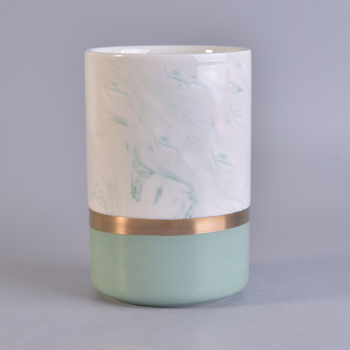 green and white ceramic candle holder, beautiful marble candle container with gold decal