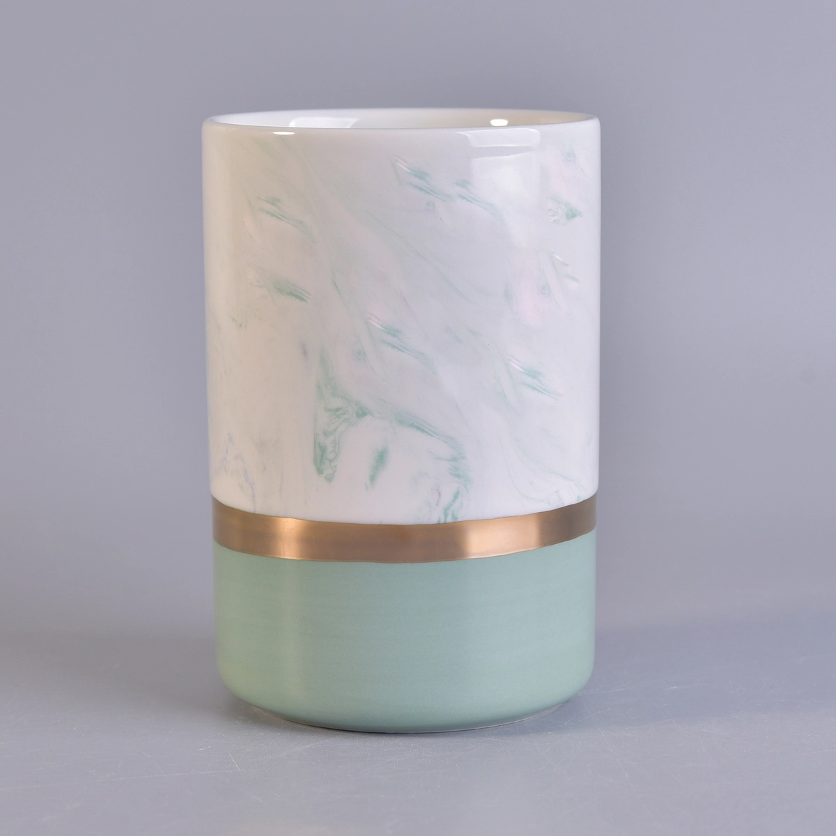 China green and white ceramic candle holder, beautiful marble candle container with gold decal manufacturer