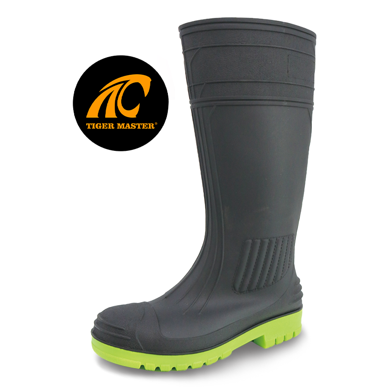 GB38 Siyah Diz Yüksek Kaymaz Su Geçirmez Yapı PVC Güvenlik Yağmur Botları Çelik Burunlu