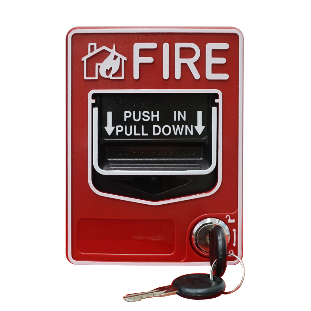 مفتاح قابل لإعادة الضبط، اضغط يدويًا واضغط على زر استدعاء إنذار الحريق الخاص بنقطة الاتصال