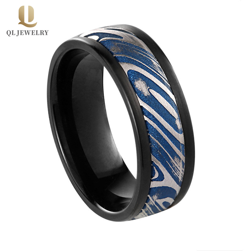 Amazing 8mm Black Tungsten and Blue Damascus Steel Wedding Band for Men China Supplier