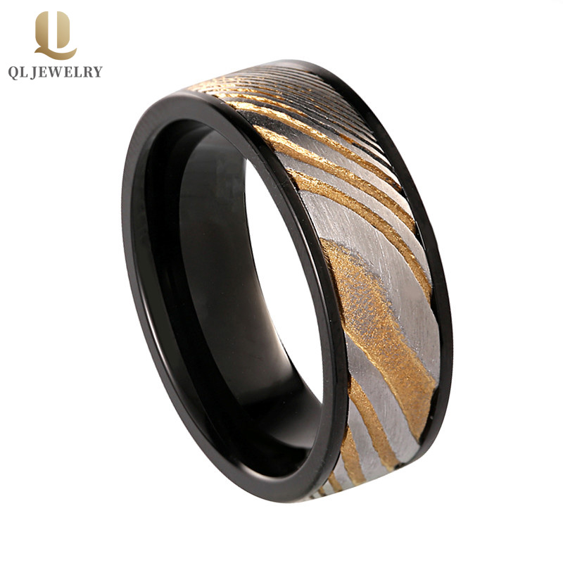 Amazing 8mm Noir Tungstène Noir et Gold Damascus Steel Bande de mariage pour hommes Chine Fournisseur