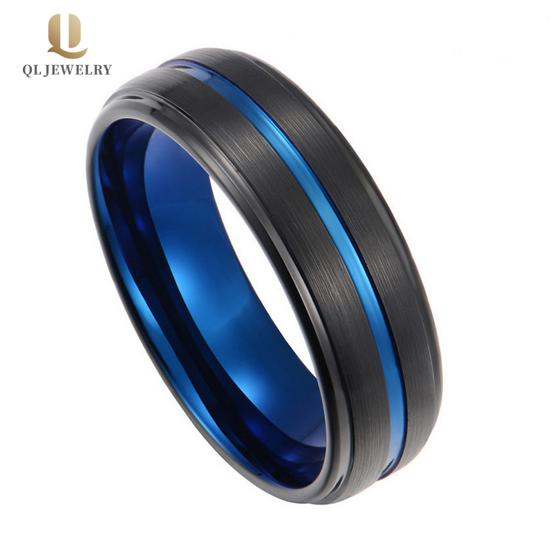 Popolare 8mm Dominato e Passo Bordi Macchia finito Due anello in carburo di tungsteno tungsteno per uomo oro e blu anello in carburo di tungsteno in cina fornitore