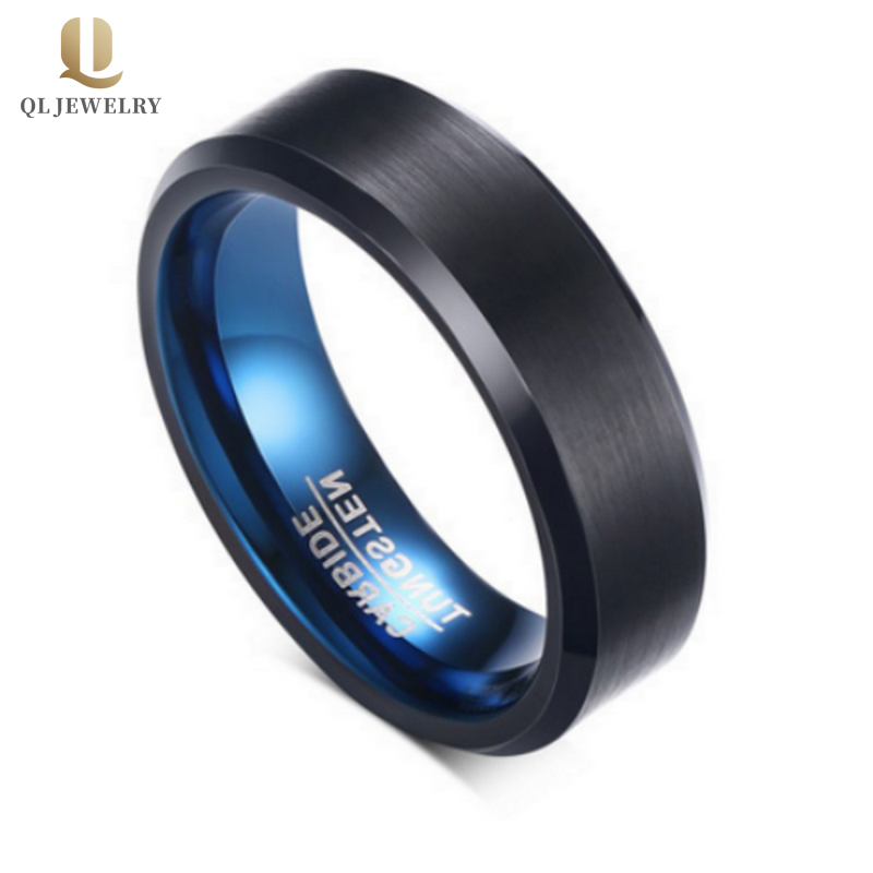 Popolari bordi piatti e smussati da 6 mm raso spazzolato Due anello di carburo di tungsteno tungsteno per uomo nero e blu anello in carburo di tungsteno Cina fornitore