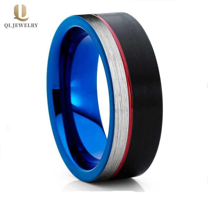 Beliebte 8mm flache Satin gebürstet Zwei getönte Wolframkarbid-Ring für Männer Schwarzer und Blauer Wolframkarbid-Ring mit 1mm Red Channel China Lieferant